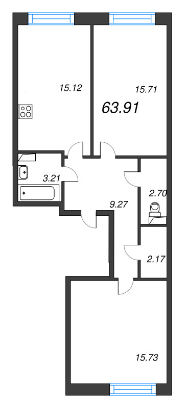 3-комнатная (Евро) квартира, 63.91 м² в ЖК "Остров Первых" - планировка, фото №1