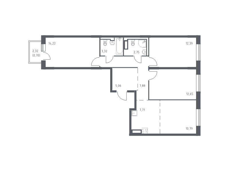 4-комнатная (Евро) квартира, 77.47 м² в ЖК "Квартал Лаголово" - планировка, фото №1