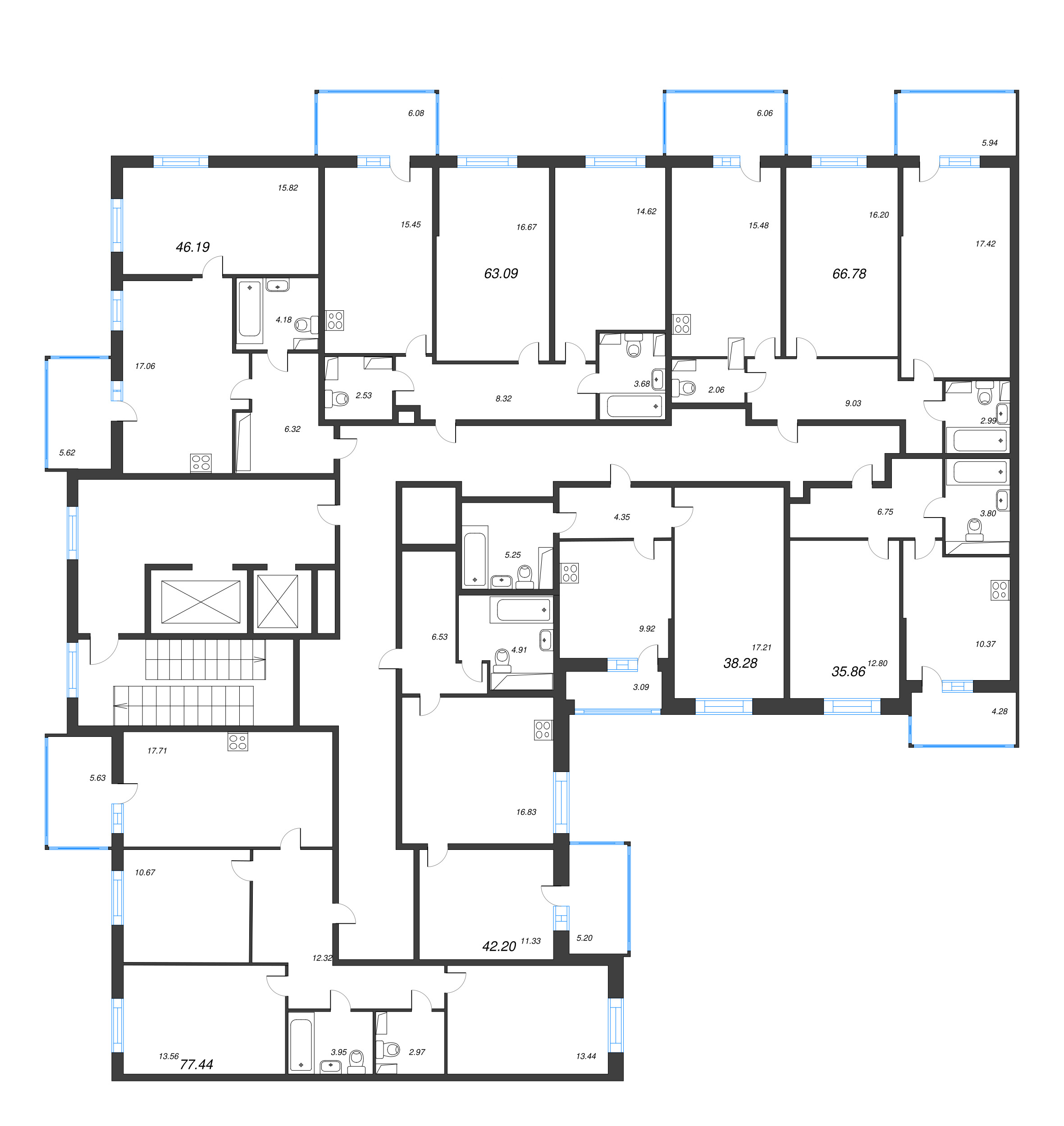 2-комнатная (Евро) квартира, 46.19 м² - планировка этажа