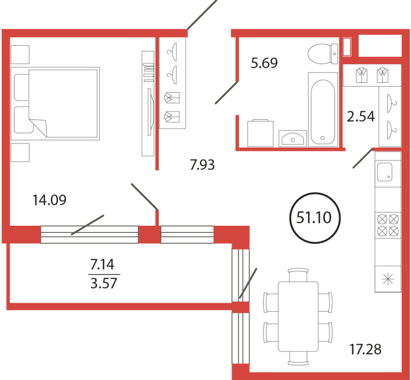2-комнатная (Евро) квартира, 51.1 м² в ЖК "Энфилд" - планировка, фото №1