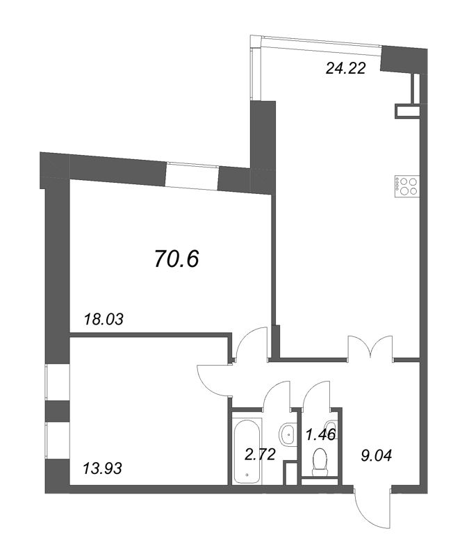 3-комнатная (Евро) квартира, 70.6 м² - планировка, фото №1