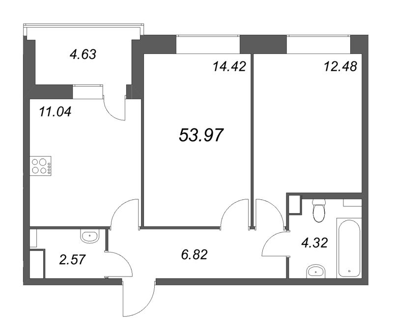 2-комнатная квартира, 53.97 м² в ЖК "Аквилон RekaPark" - планировка, фото №1