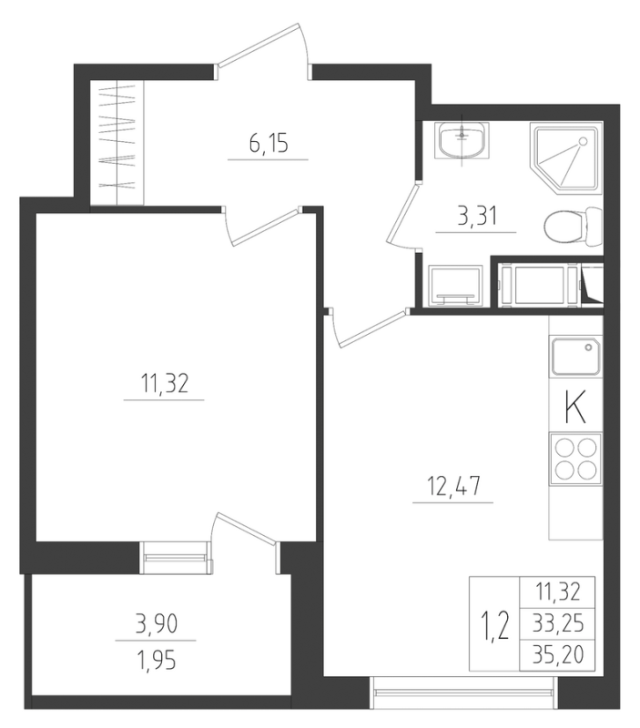 1-комнатная квартира, 35.2 м² - планировка, фото №1