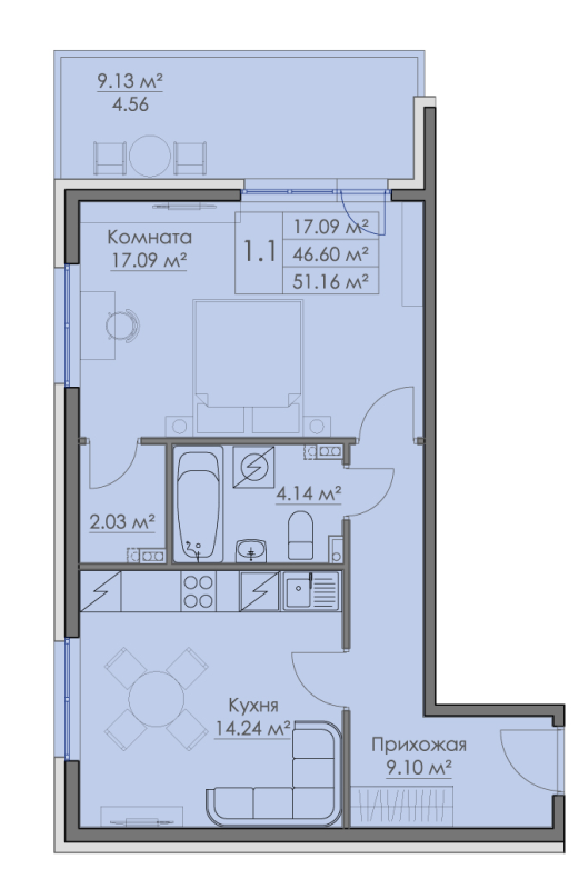 1-комнатная квартира, 51.16 м² в ЖК "Малая Финляндия" - планировка, фото №1