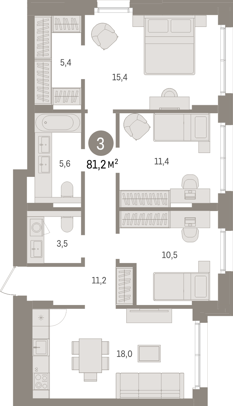 3-комнатная квартира, 81.2 м² в ЖК "Брусника в Новоселье" - планировка, фото №1