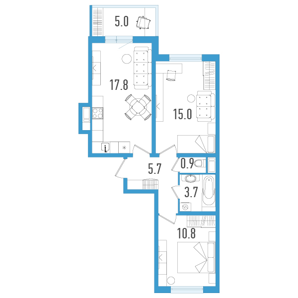 3-комнатная (Евро) квартира, 55.4 м² в ЖК "Аэросити" - планировка, фото №1