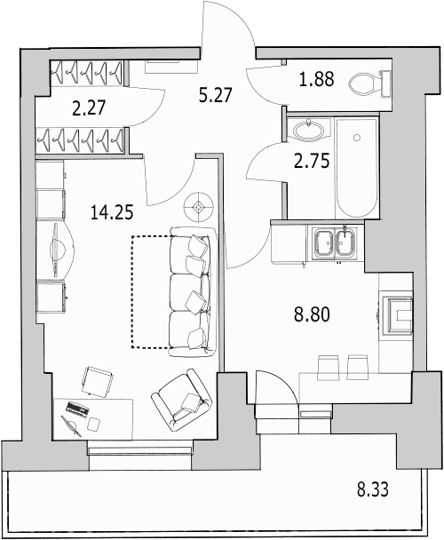 1-комнатная квартира, 36.7 м² - планировка, фото №1