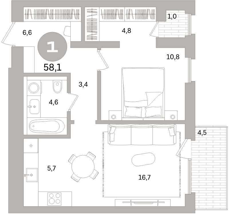 2-комнатная (Евро) квартира, 58.1 м² - планировка, фото №1