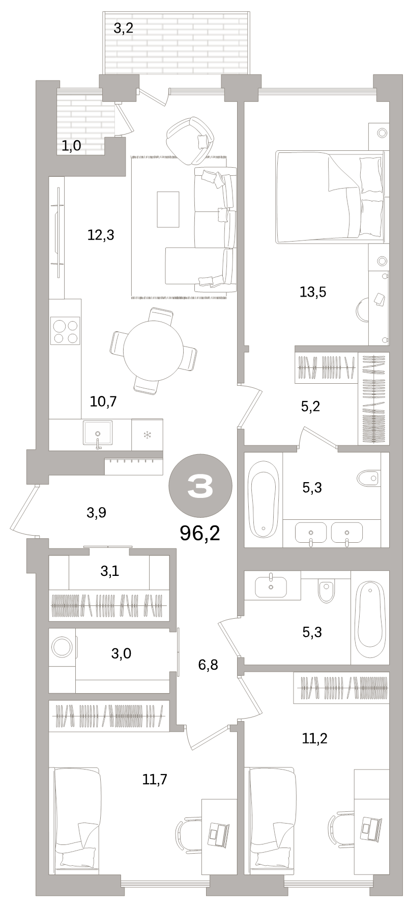 4-комнатная (Евро) квартира, 96.2 м² в ЖК "Северный ветер" - планировка, фото №1
