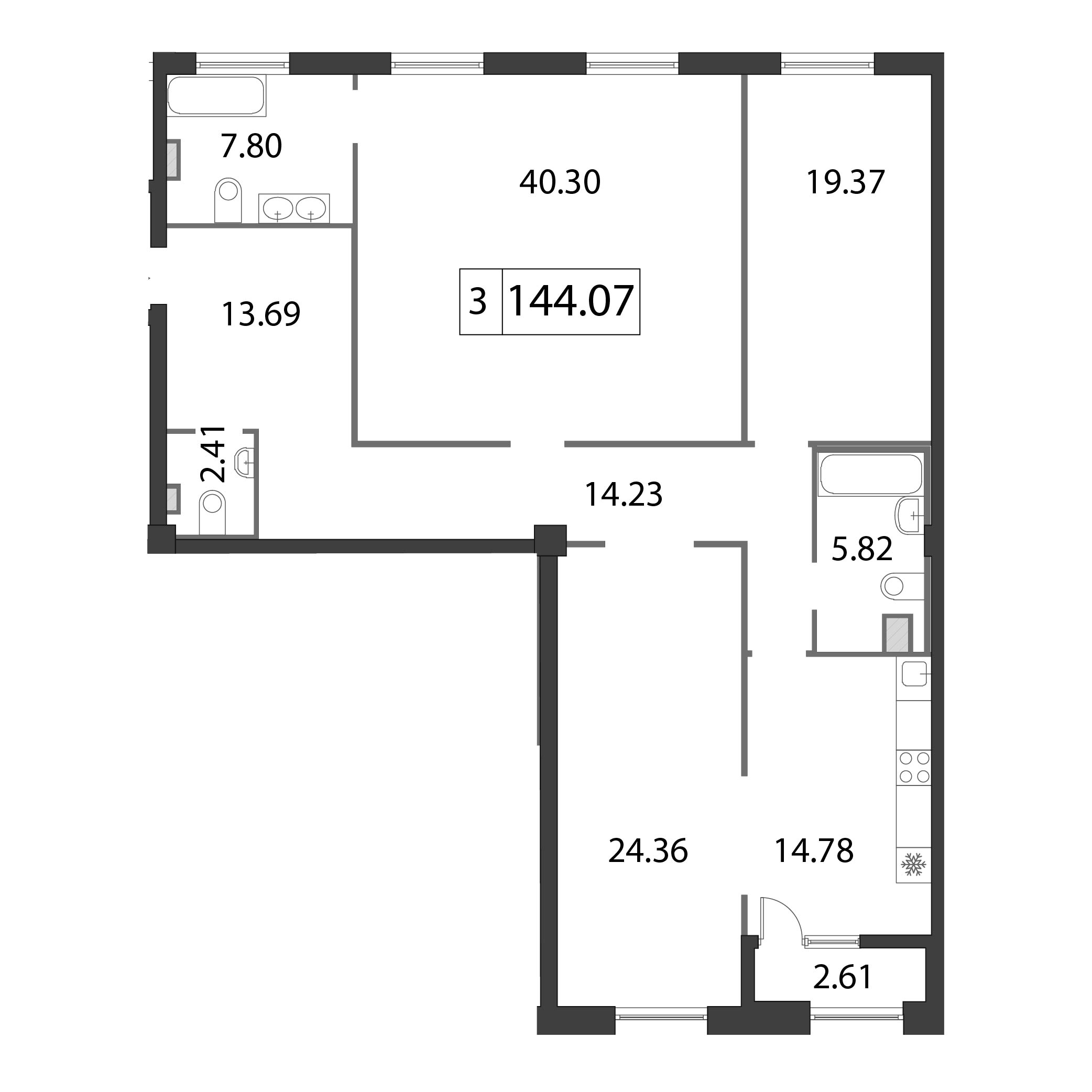 3-комнатная квартира, 144.5 м² - планировка, фото №1