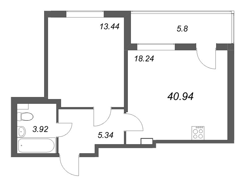 2-комнатная (Евро) квартира, 40.94 м² в ЖК "Любоград" - планировка, фото №1