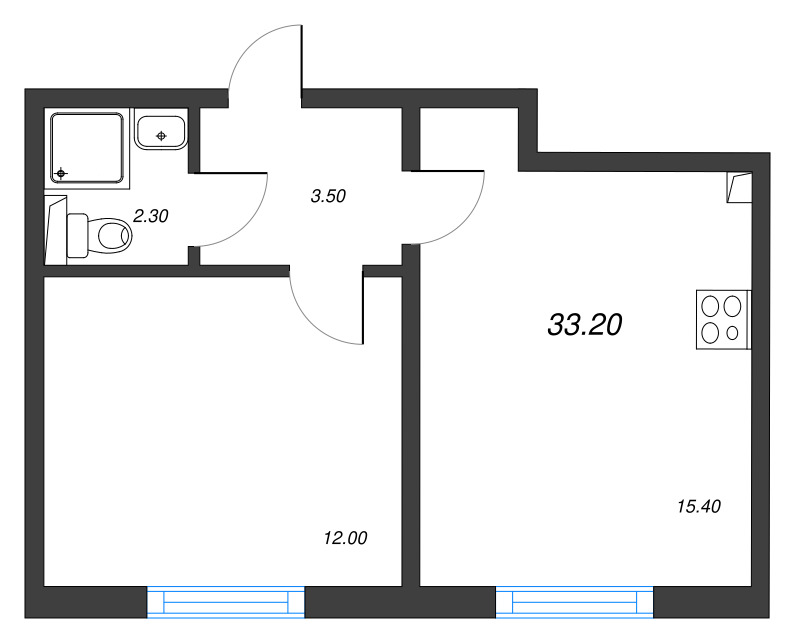 2-комнатная (Евро) квартира, 33.2 м² в ЖК "ЛСР. Ржевский парк" - планировка, фото №1