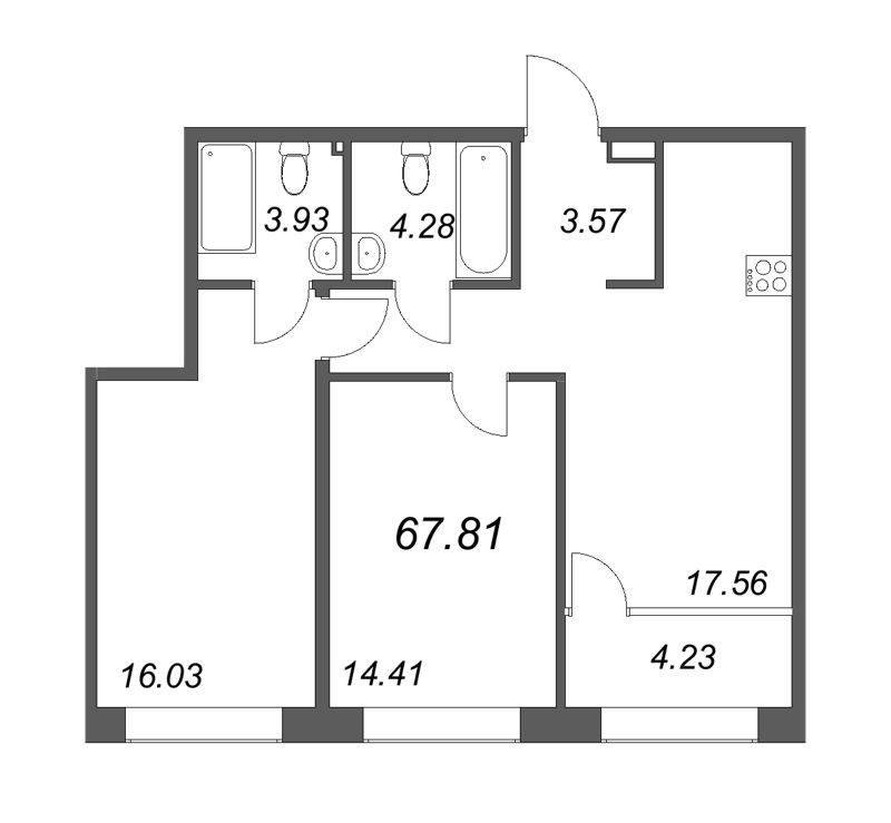 3-комнатная (Евро) квартира, 67.81 м² - планировка, фото №1