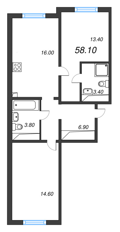 3-комнатная (Евро) квартира, 58.1 м² в ЖК "Дыбенко Парк" - планировка, фото №1
