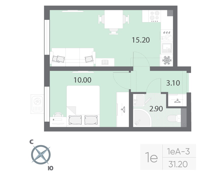 2-комнатная (Евро) квартира, 31.2 м² в ЖК "Ручьи" - планировка, фото №1