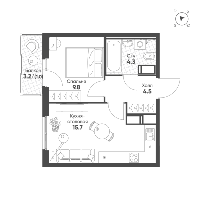 2-комнатная (Евро) квартира, 35.3 м² в ЖК "Клюква.Парк" - планировка, фото №1