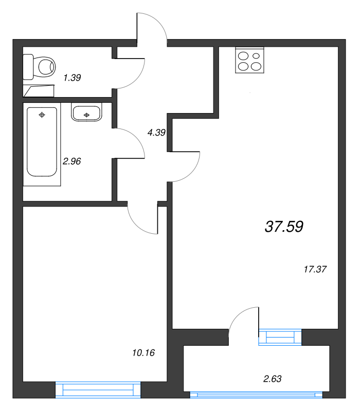 2-комнатная (Евро) квартира, 37.59 м² в ЖК "AEROCITY" - планировка, фото №1