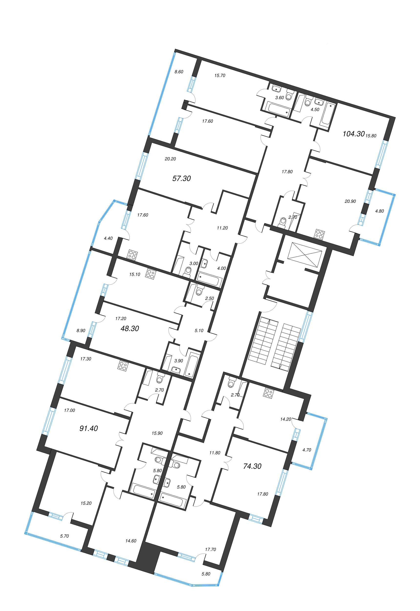 1-комнатная квартира, 57.3 м² - планировка этажа