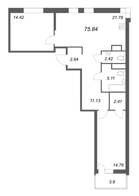 3-комнатная (Евро) квартира, 75.84 м² в ЖК "Talento" - планировка, фото №1