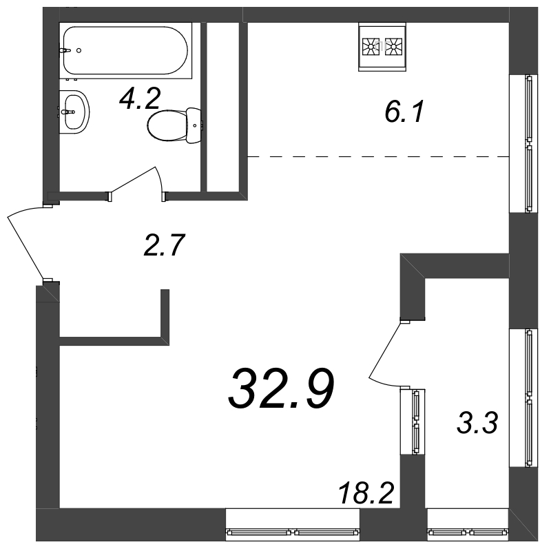 Квартира-студия, 32.9 м² - планировка, фото №1