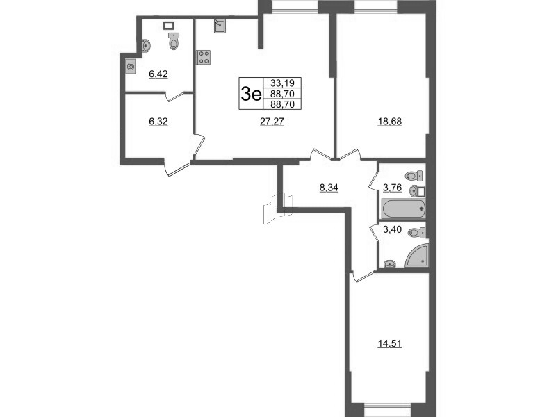 3-комнатная (Евро) квартира, 88.7 м² - планировка, фото №1