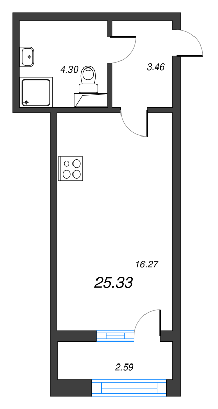 Квартира-студия, 25.33 м² в ЖК "БелАрт" - планировка, фото №1