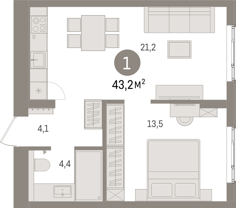 2-комнатная (Евро) квартира, 43.2 м² в ЖК "Брусника в Новоселье" - планировка, фото №1