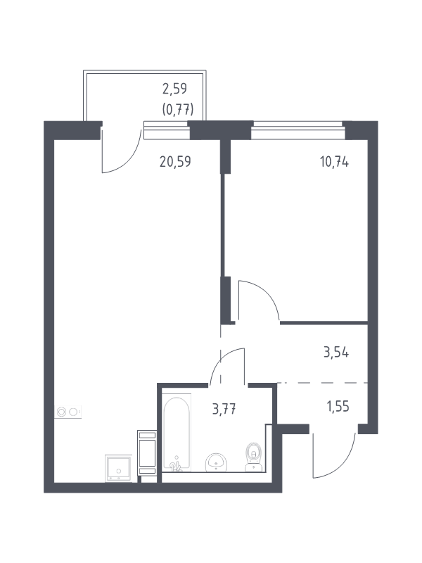 2-комнатная (Евро) квартира, 40.96 м² - планировка, фото №1