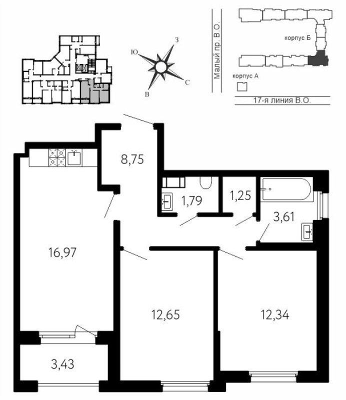 3-комнатная (Евро) квартира, 59.08 м² в ЖК "17-я линия" - планировка, фото №1
