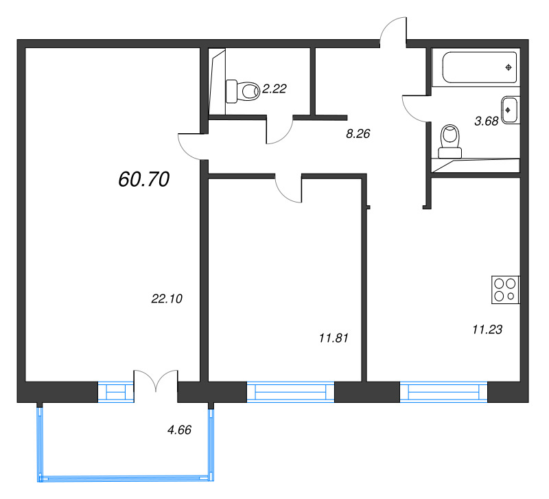 2-комнатная квартира, 58.5 м² в ЖК "Арт Парк" - планировка, фото №1