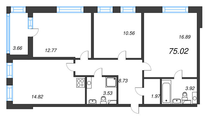 3-комнатная квартира, 75.2 м² - планировка, фото №1