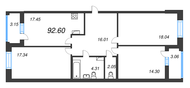 4-комнатная (Евро) квартира, 92.6 м² в ЖК "Аквилон Leaves" - планировка, фото №1