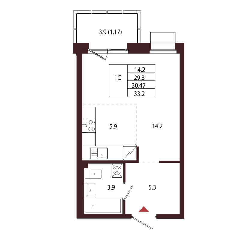 1-комнатная квартира, 30.47 м² в ЖК "Лисино" - планировка, фото №1