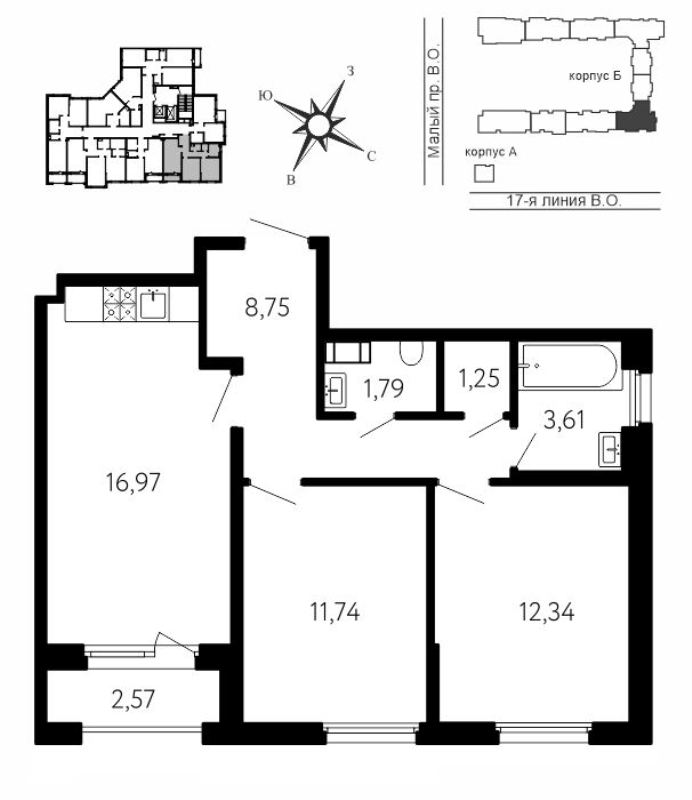 3-комнатная (Евро) квартира, 57.74 м² в ЖК "17-я линия" - планировка, фото №1