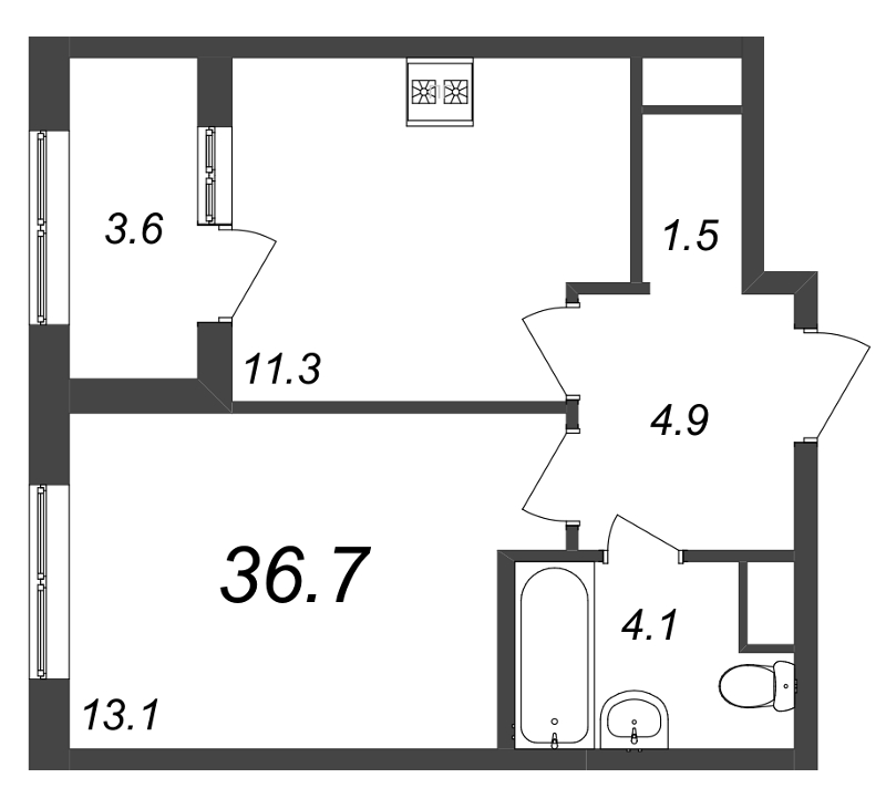 1-комнатная квартира, 36.8 м² - планировка, фото №1