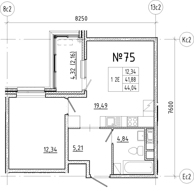 2-комнатная (Евро) квартира, 44.04 м² - планировка, фото №1