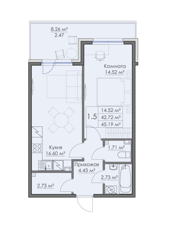 2-комнатная (Евро) квартира, 45.19 м² в ЖК "Малая Финляндия" - планировка, фото №1