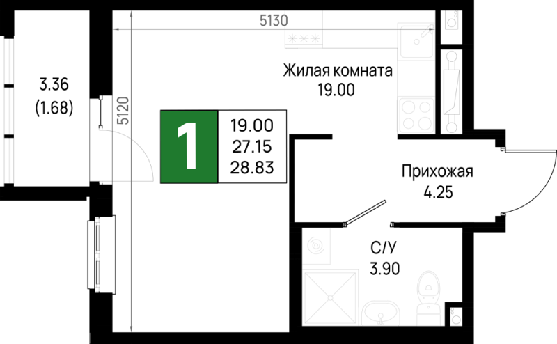 Квартира-студия, 28.83 м² - планировка, фото №1