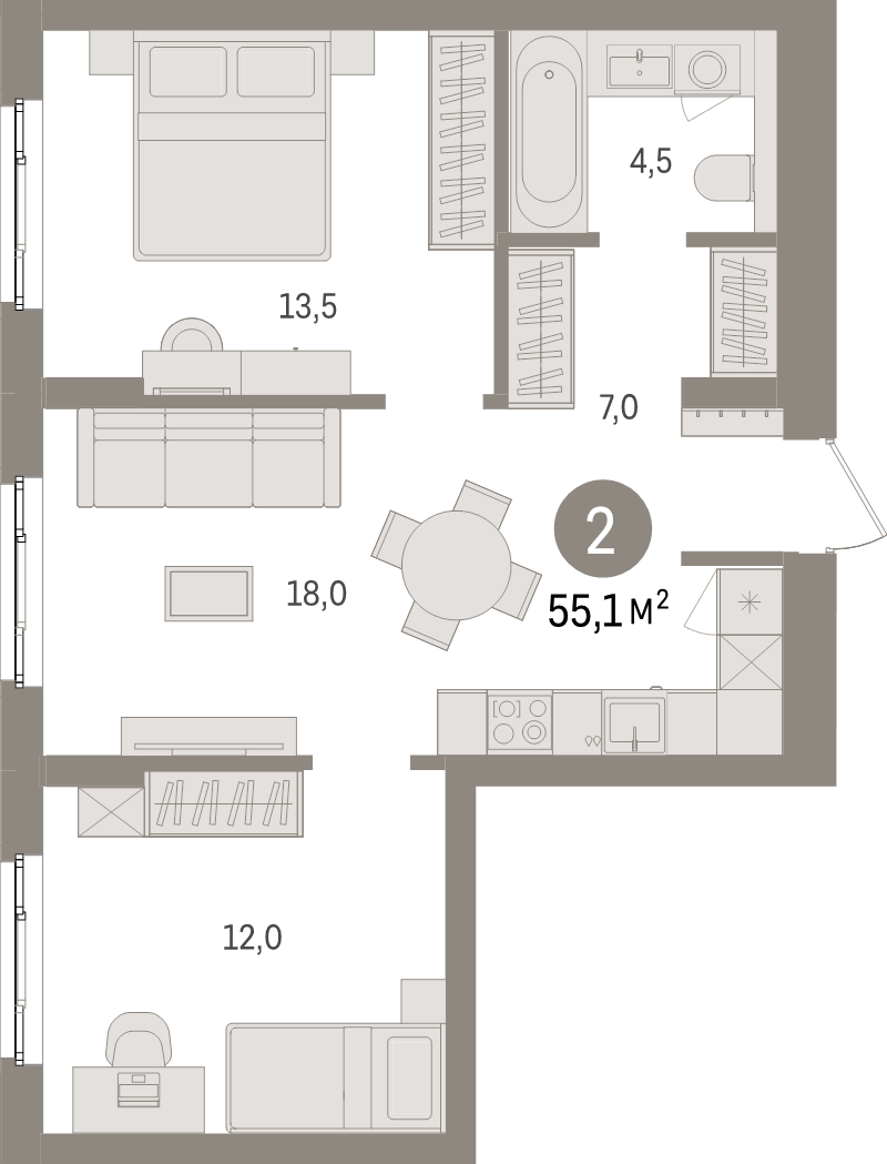 3-комнатная (Евро) квартира, 55.1 м² в ЖК "Брусника в Новоселье" - планировка, фото №1
