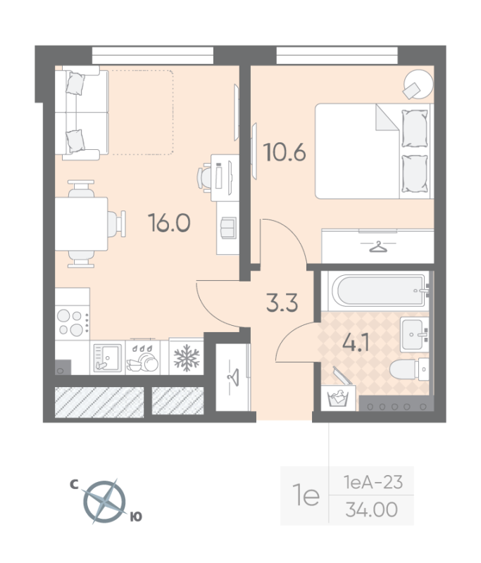 2-комнатная (Евро) квартира, 34 м² в ЖК "Пулково Lake" - планировка, фото №1