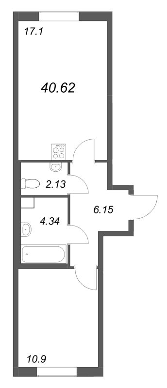 2-комнатная (Евро) квартира, 40.62 м² в ЖК "Кинопарк" - планировка, фото №1