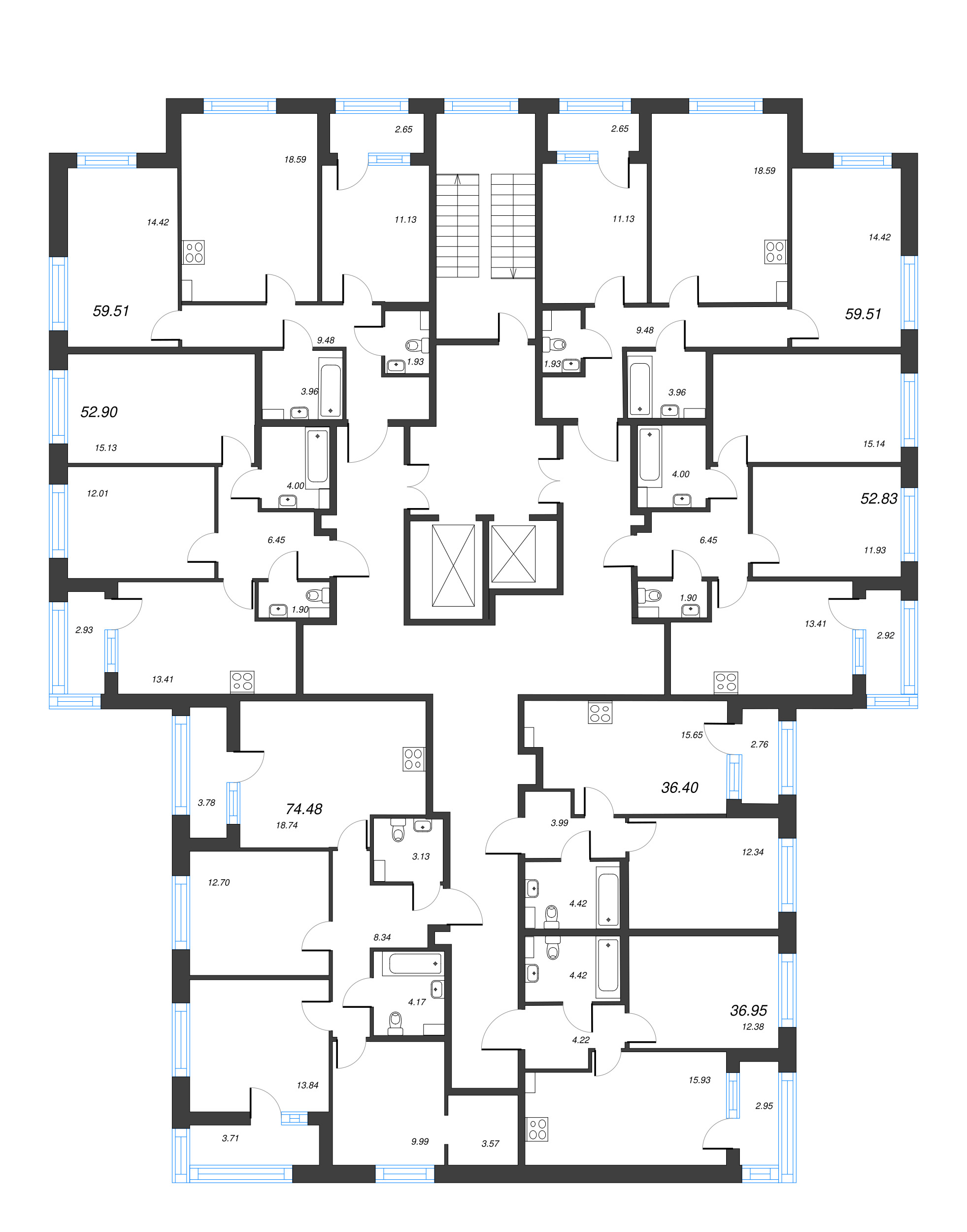 4-комнатная (Евро) квартира, 74.48 м² - планировка этажа