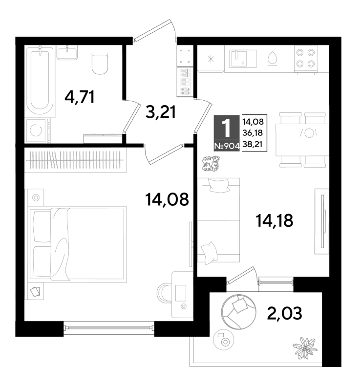 1-комнатная квартира, 38.21 м² в ЖК "Догма Юкки" - планировка, фото №1