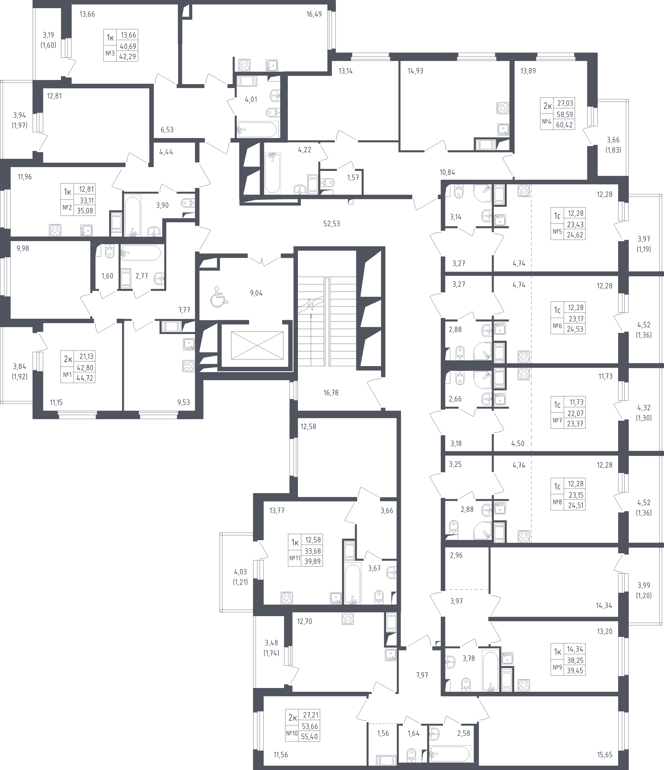 2-комнатная (Евро) квартира, 42.29 м² - планировка этажа