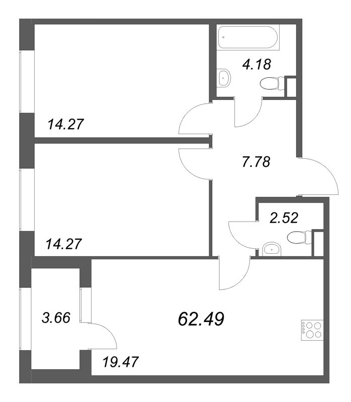 3-комнатная (Евро) квартира, 62.49 м² в ЖК "Дубровский" - планировка, фото №1