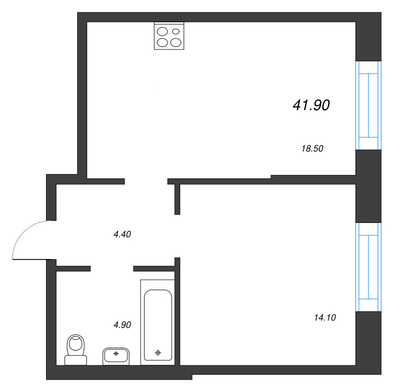 2-комнатная (Евро) квартира, 41.9 м² - планировка, фото №1