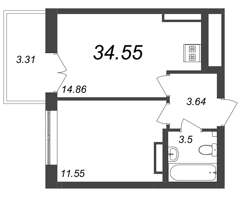 1-комнатная квартира, 34.55 м² в ЖК "Neva Residence" - планировка, фото №1