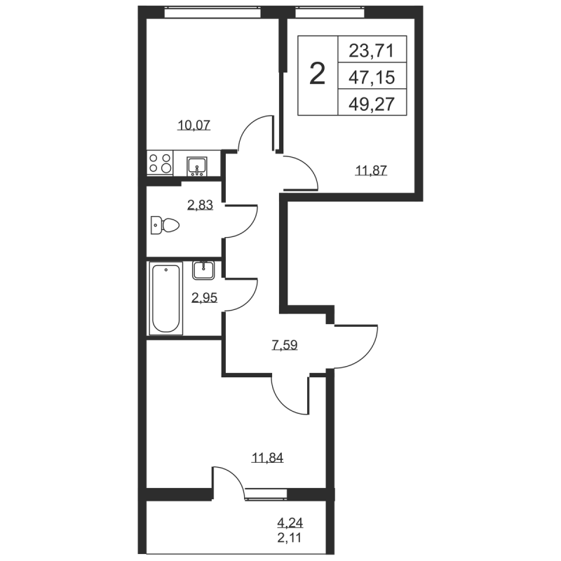 2-комнатная квартира, 49.27 м² в ЖК "Высота" - планировка, фото №1
