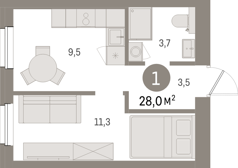 Квартира-студия, 28 м² в ЖК "Северный ветер" - планировка, фото №1