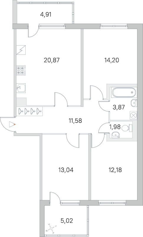 4-комнатная (Евро) квартира, 77.72 м² в ЖК "ЮгТаун" - планировка, фото №1